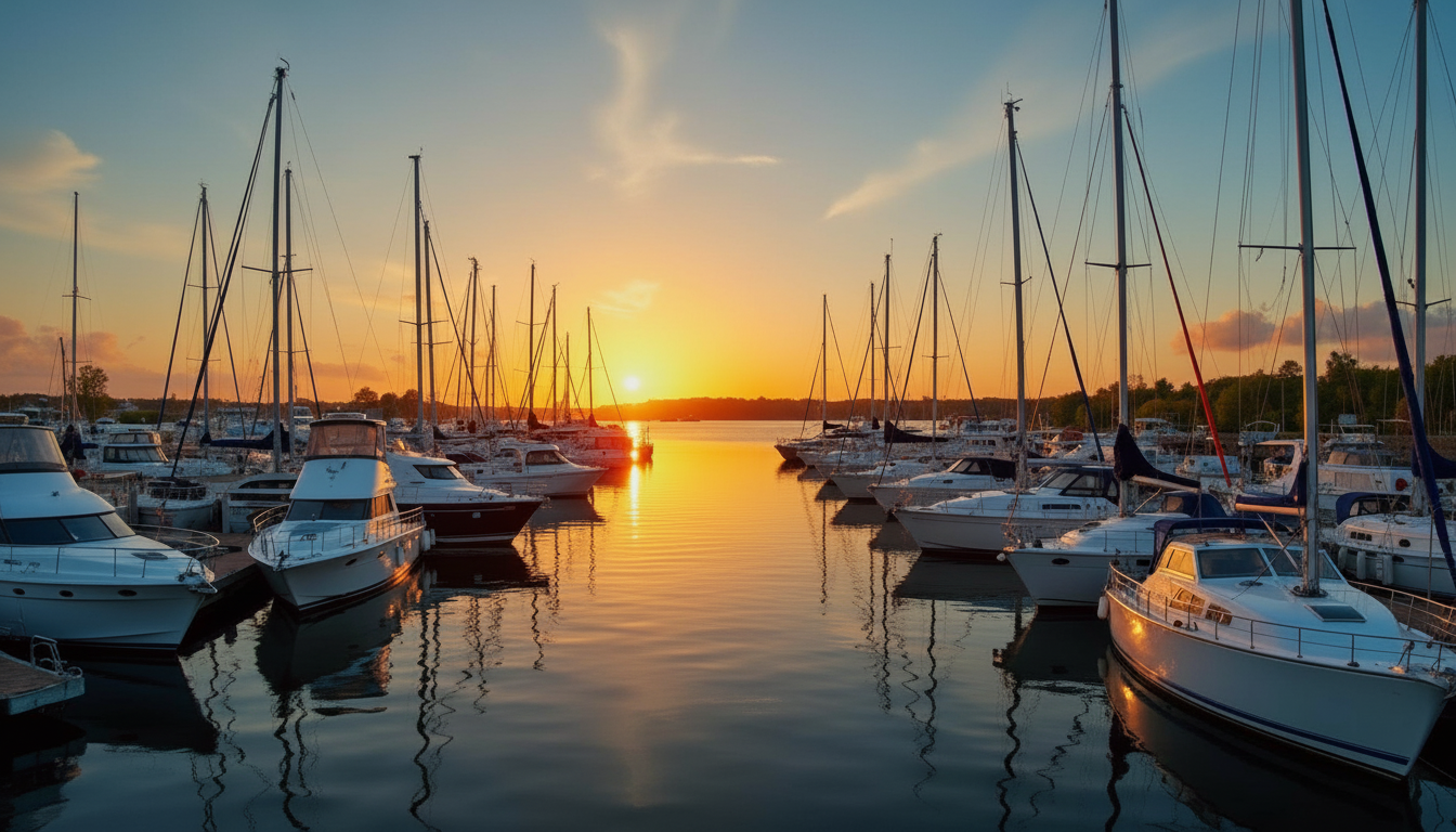 Luxe jachthaven bij zonsondergang